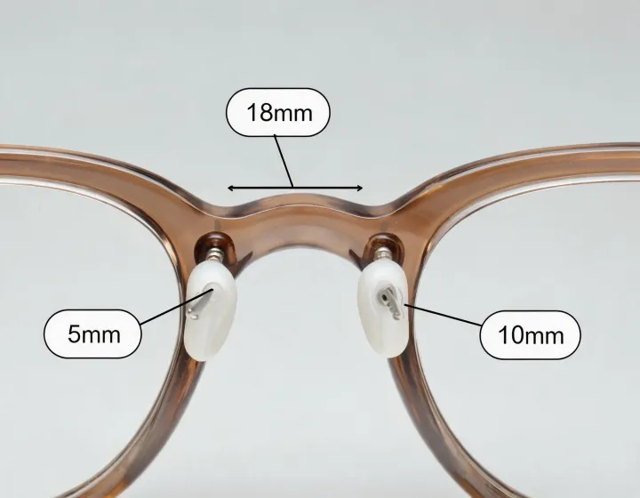 Acetate glasses nose pads and size markings check illustration